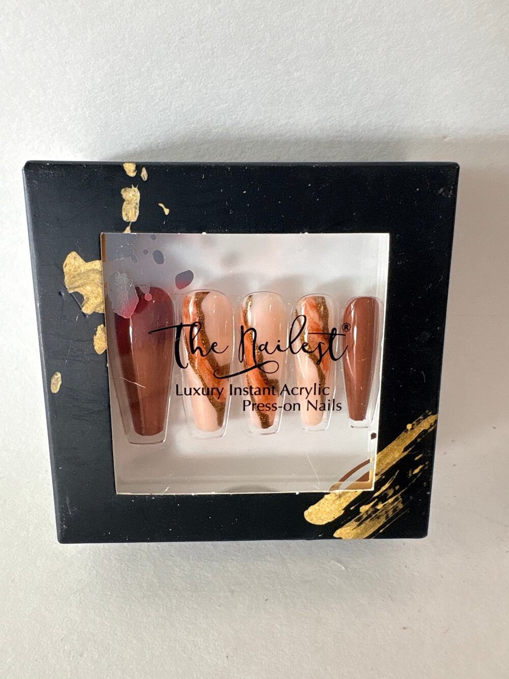The Nailest Butterscotch Marble Press On Nails Long Coffin Brown Gold Acrylic